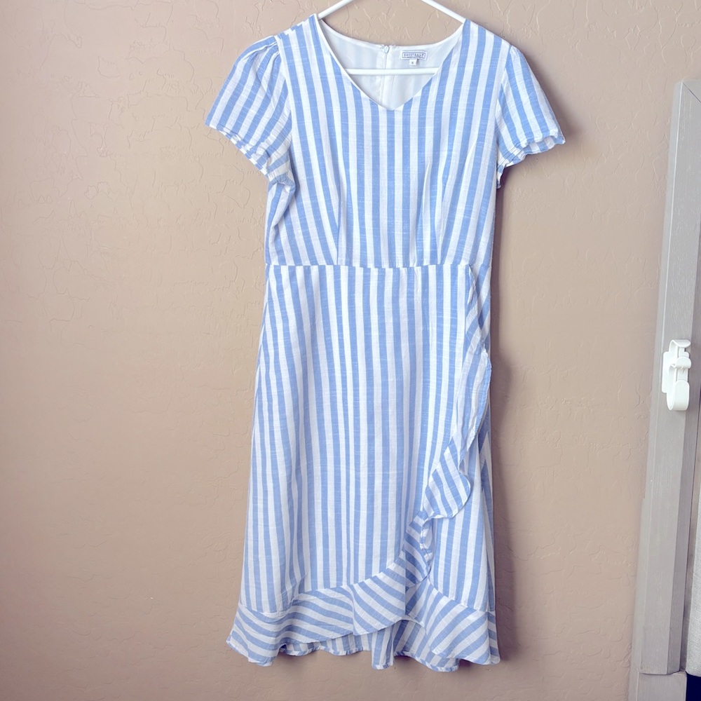 Sweetsalt Small Feminine Romantic Ruffled Blue and White Striped Dress